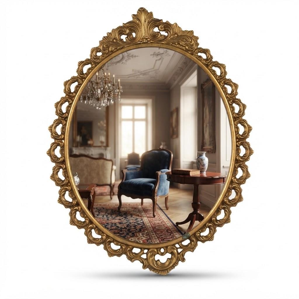 Vintage Oval Wall Mirror with Openwork Scrolled Brass-Tone Frame, Baroque Hollywood Regency Style, 40 × 29 cm