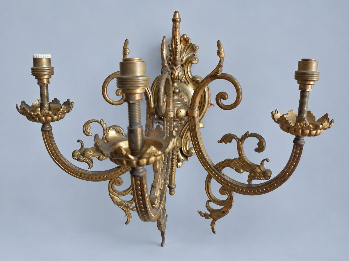Vintage Pair of Three-Light Wall Sconces, Attributed Late 19th–Early 20th Century, Gilt Metal Beaded Arms with Chimera Brackets, 31 cm
