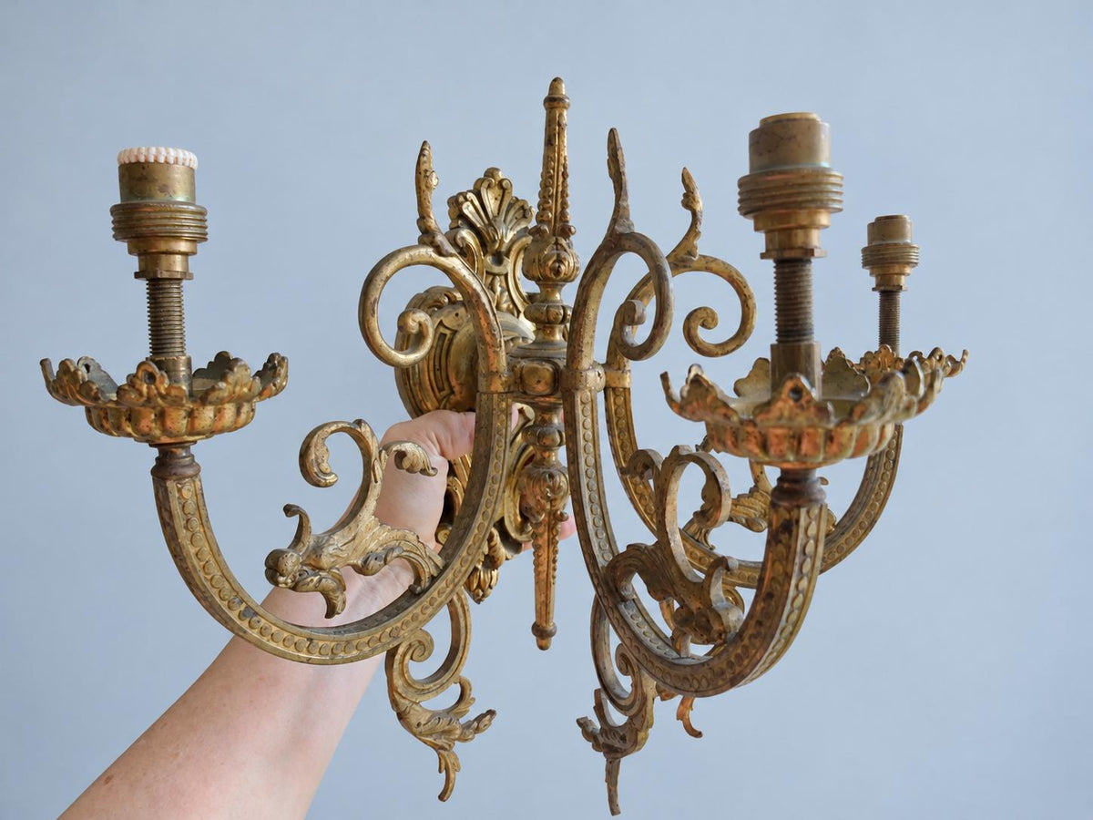 Vintage Pair of Three-Light Wall Sconces, Attributed Late 19th–Early 20th Century, Gilt Metal Beaded Arms with Chimera Brackets, 31 cm