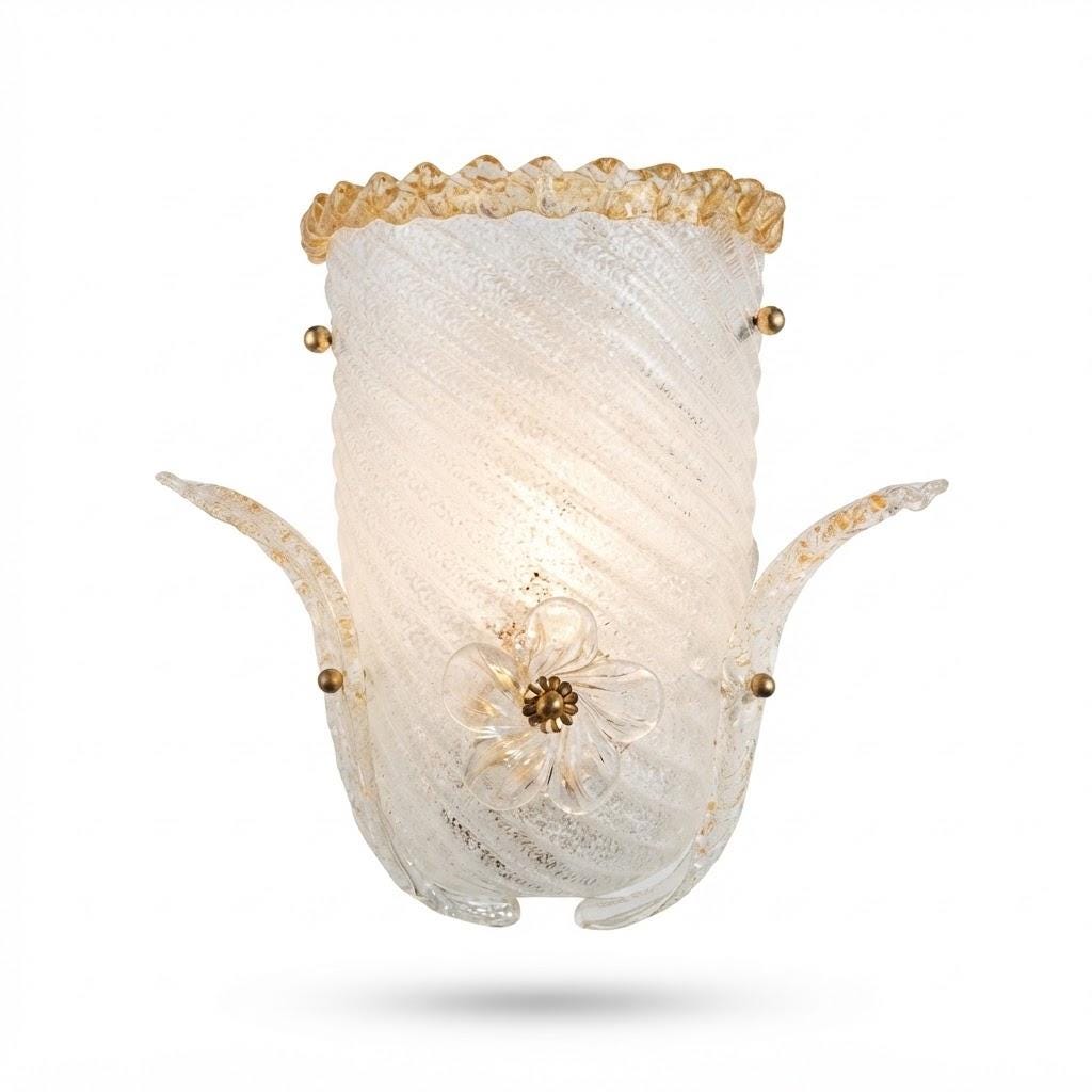 Shield-Shaped Glass Wall Sconce with Graniglia Texture, Amber Ruffled Rim, Glass Leaves and Flower, 30 cm