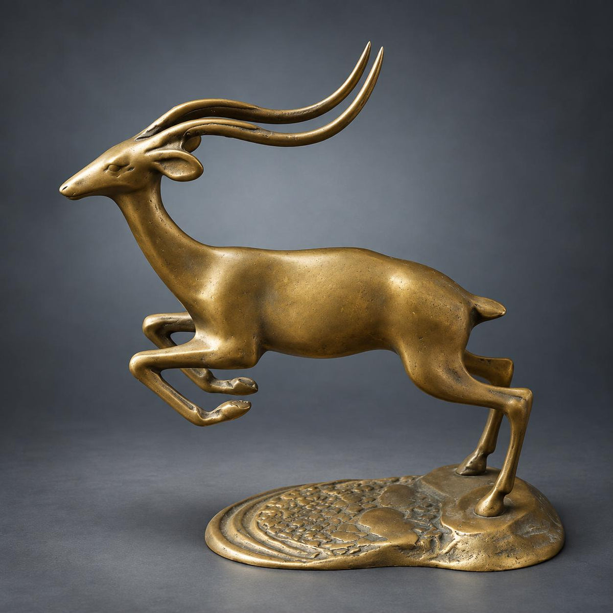Leaping Gazelle Figure in Brass-Tone Metal on Naturalistic Base, 1960s–70s Style Mid-Century Animal Sculpture