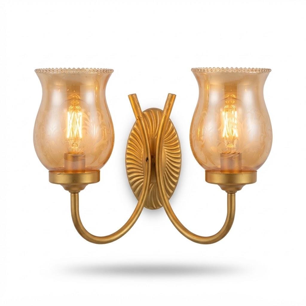 Vintage Two-Arm Wall Sconce with Amber Etched Glass Hurricane Shades, Gold-Painted Metal with Fan Backplate, 22 cm