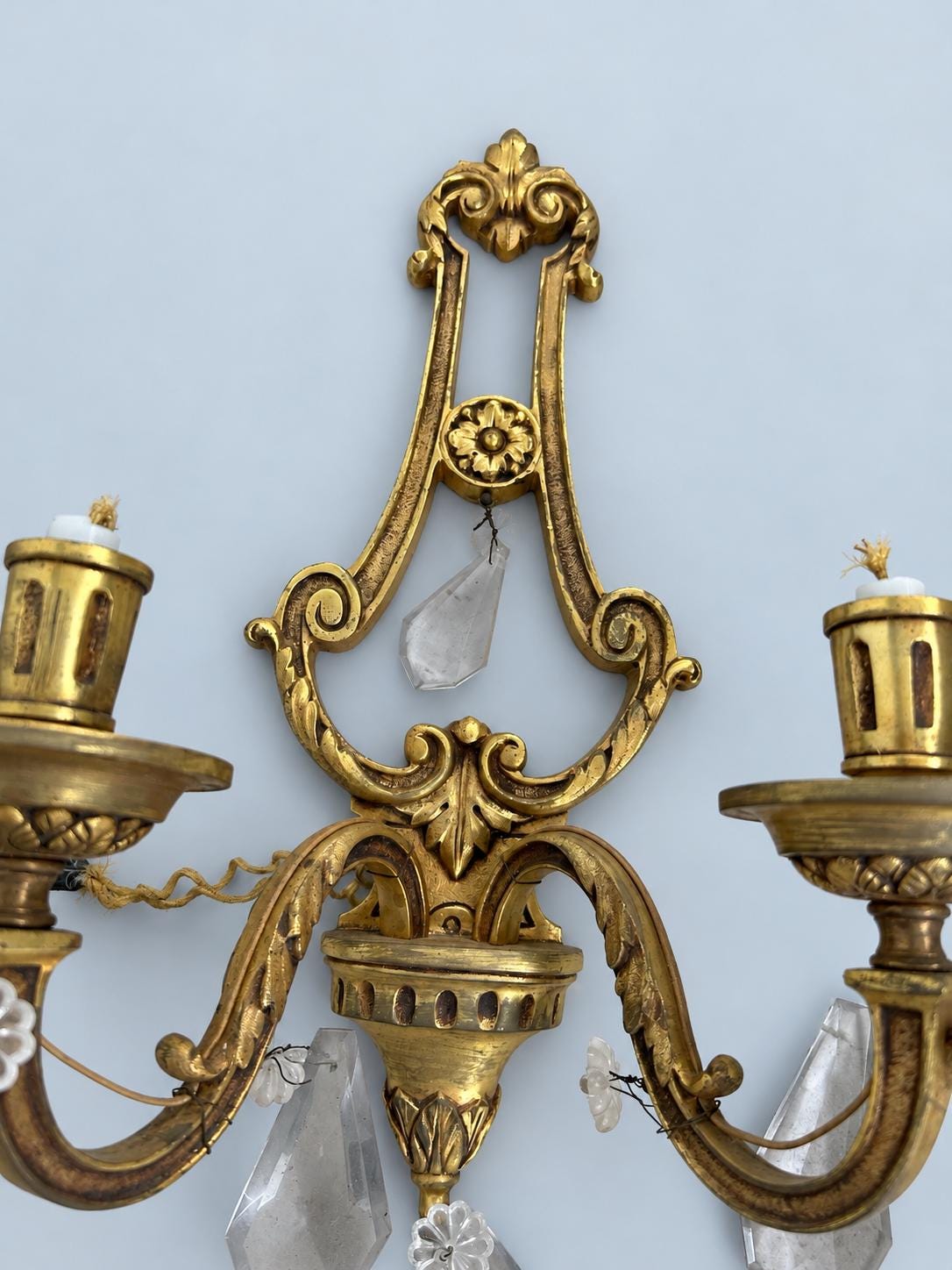 Vintage Pair of Louis XVI Style Lyre Wall Sconces, Gilt Metal with Faceted Glass Drops, Two Lights Each, 45 cm