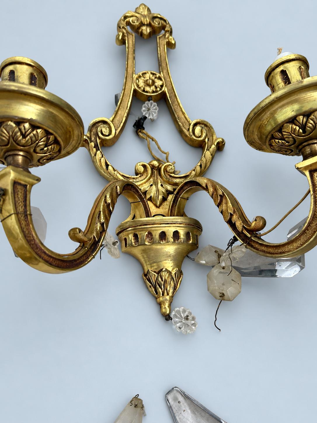 Vintage Pair of Louis XVI Style Lyre Wall Sconces, Gilt Metal with Faceted Glass Drops, Two Lights Each, 45 cm