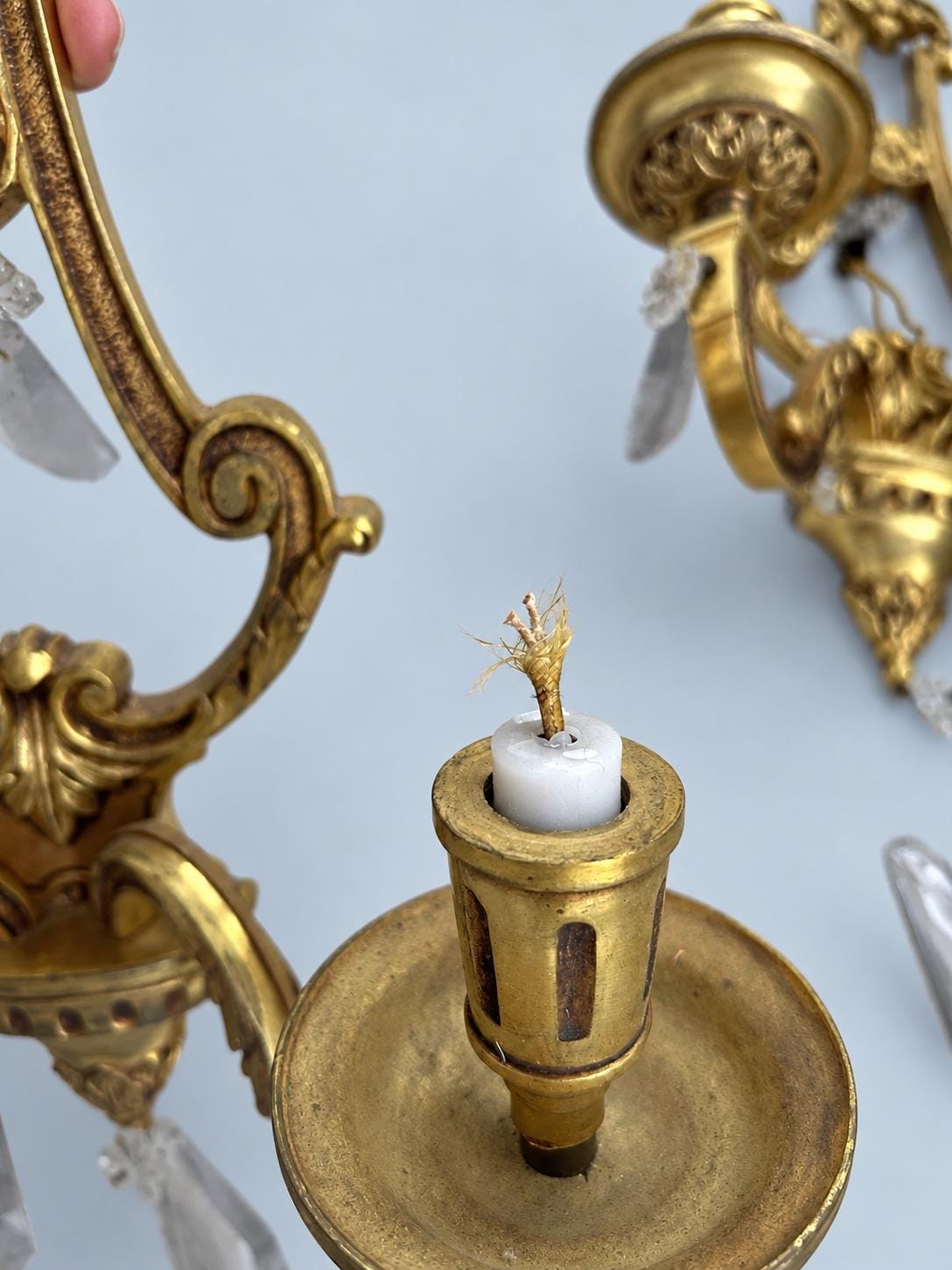 Vintage Pair of Louis XVI Style Lyre Wall Sconces, Gilt Metal with Faceted Glass Drops, Two Lights Each, 45 cm