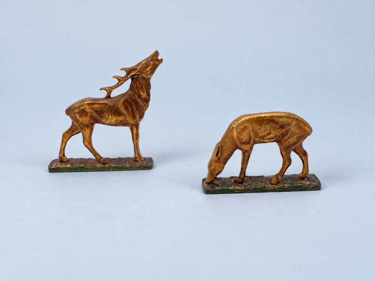 Vintage Art Deco Style Pair of Animal Figures, Bellowing Stag and Grazing Doe, Gilt Metal on Green Terraces, 9.5 cm