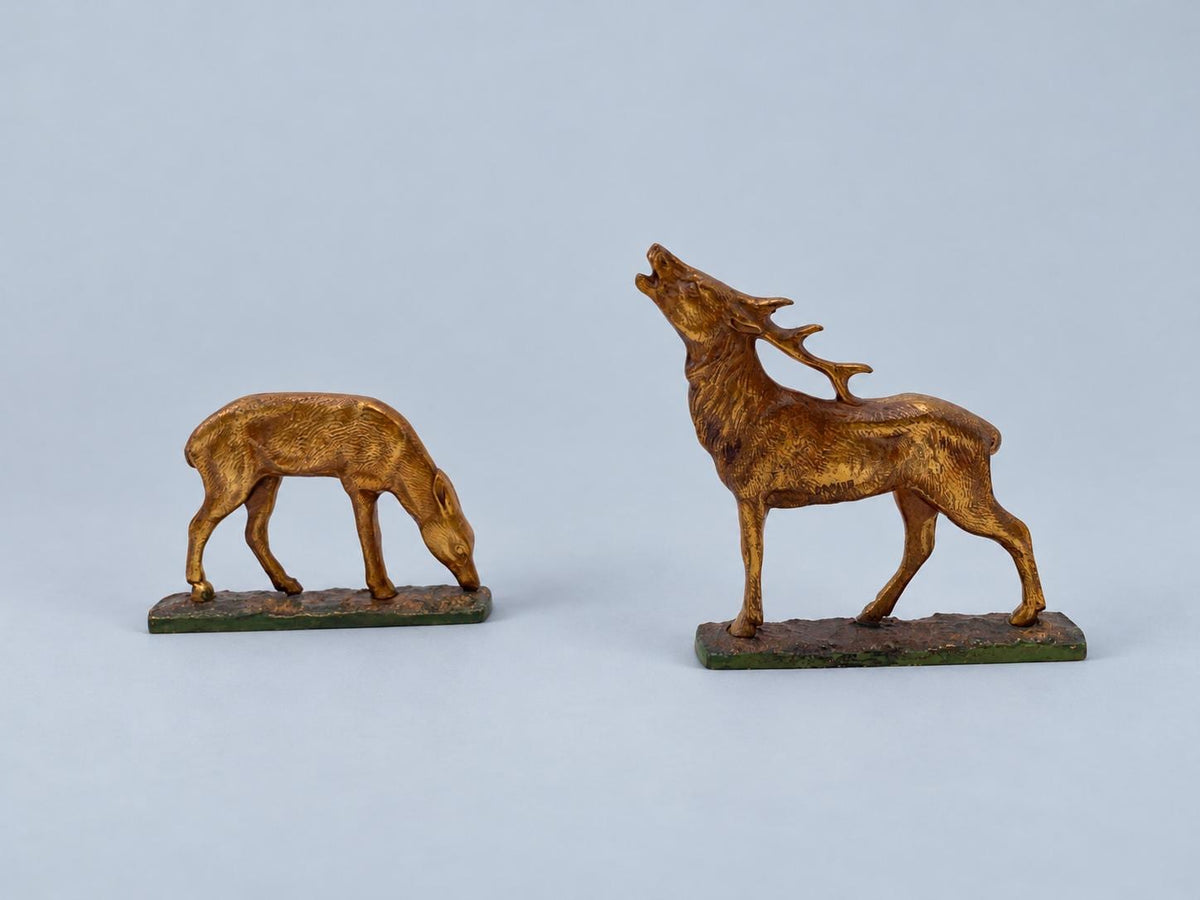 Vintage Art Deco Style Pair of Animal Figures, Bellowing Stag and Grazing Doe, Gilt Metal on Green Terraces, 9.5 cm