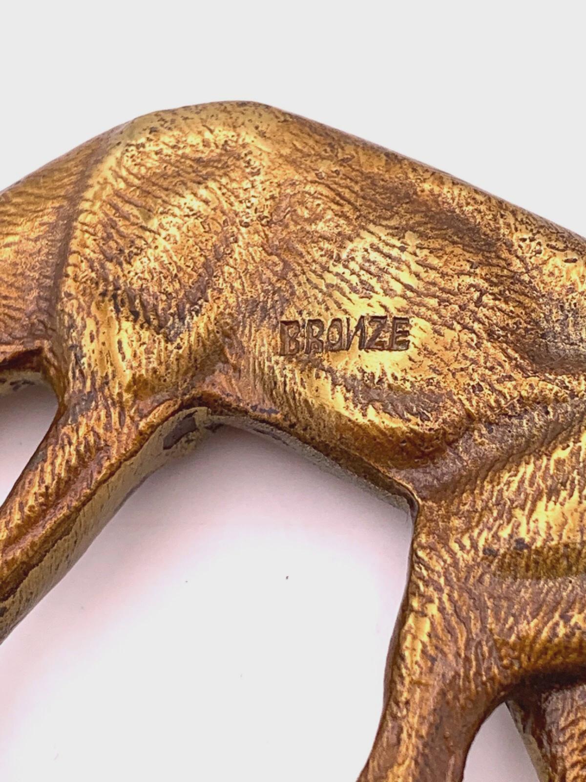Vintage Art Deco Style Pair of Animal Figures, Bellowing Stag and Grazing Doe, Gilt Metal on Green Terraces, 9.5 cm