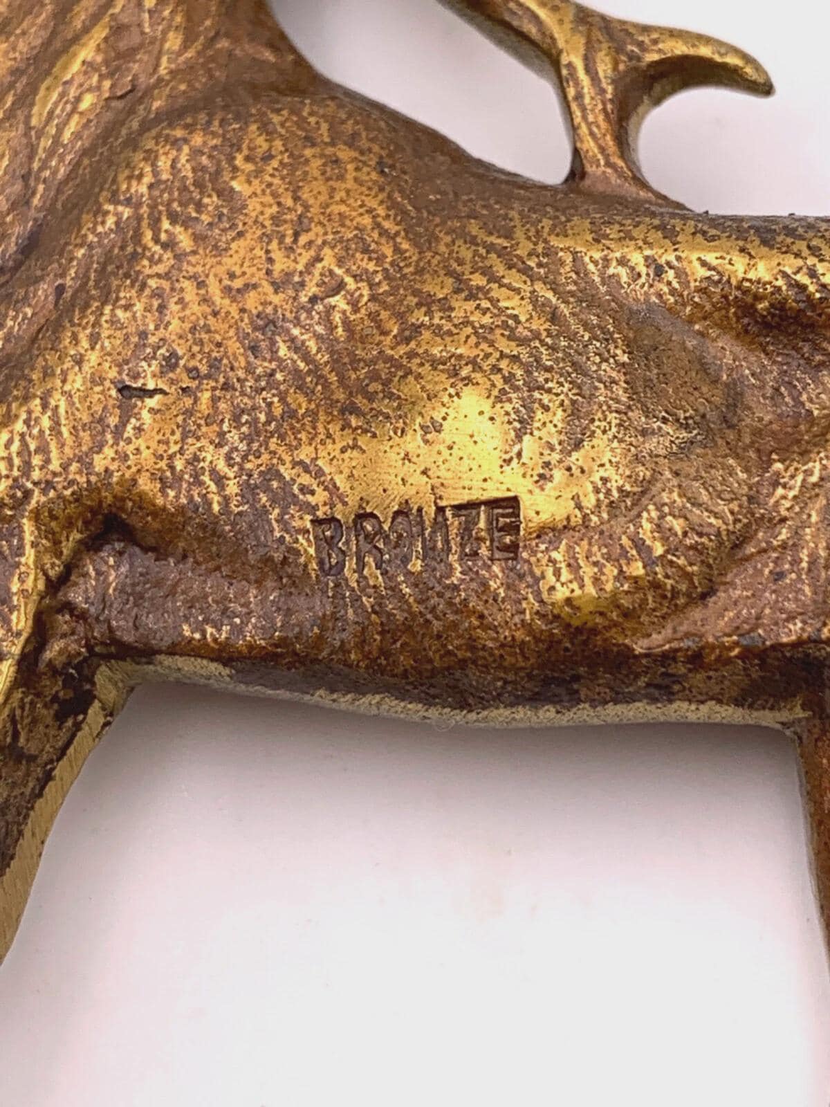 Vintage Art Deco Style Pair of Animal Figures, Bellowing Stag and Grazing Doe, Gilt Metal on Green Terraces, 9.5 cm