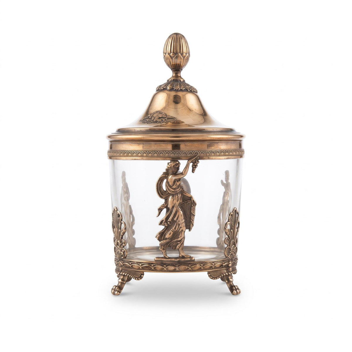 Empire Style Lidded Glass Box in Silver-Tone and Gilt Metal Mount, Muse with Lyre, Palmettes and Paw Feet