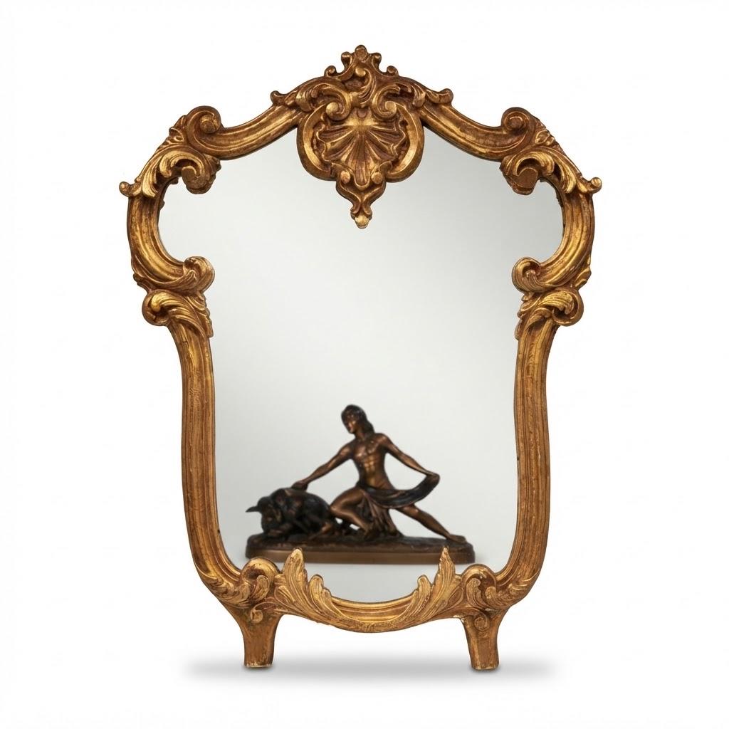 Vintage Rocaille Style Giltwood and Gilt Stucco Mirror, Shell Crest and Scrolls, Shaped Frame on Small Feet, 42 cm
