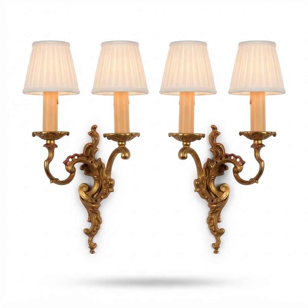 Vintage Mirror-Image Pair of Louis XV Style Wall Sconces, Gilt Metal Pierced Scrolls, Two Candle Lights Each, 30 cm