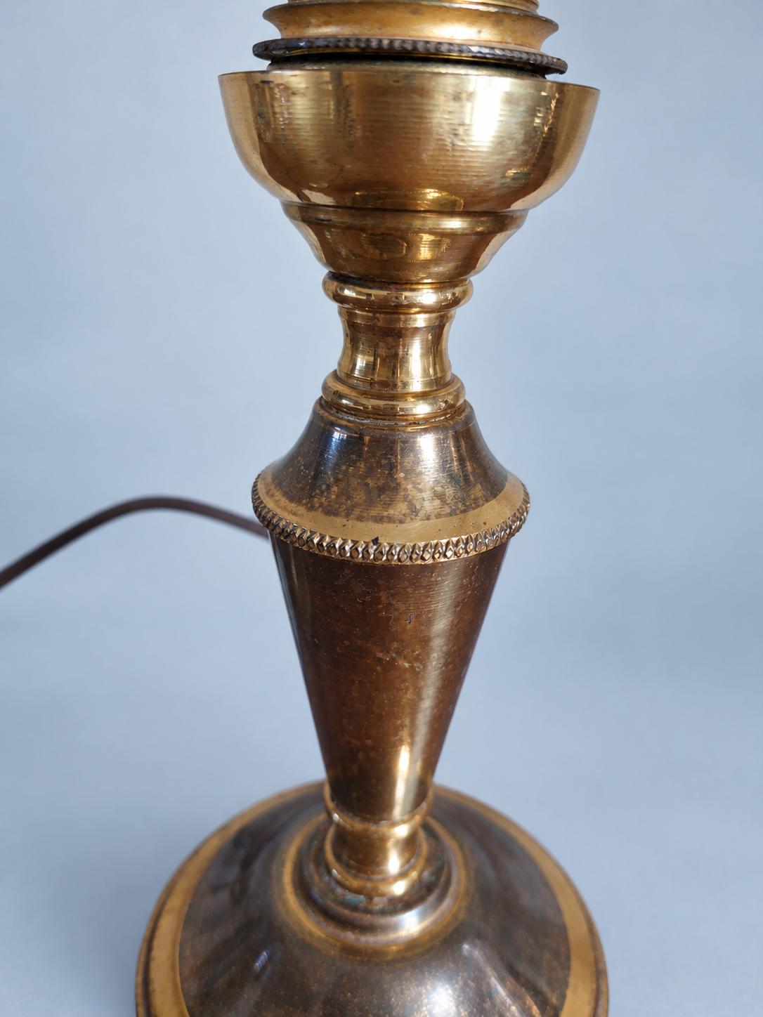 Vintage Pair of Small Brass Candlestick Table Lamps, Attributed 1930s–50s, Two-Tone Gold and Brown Patina, Sold Without Shades, 17 cm