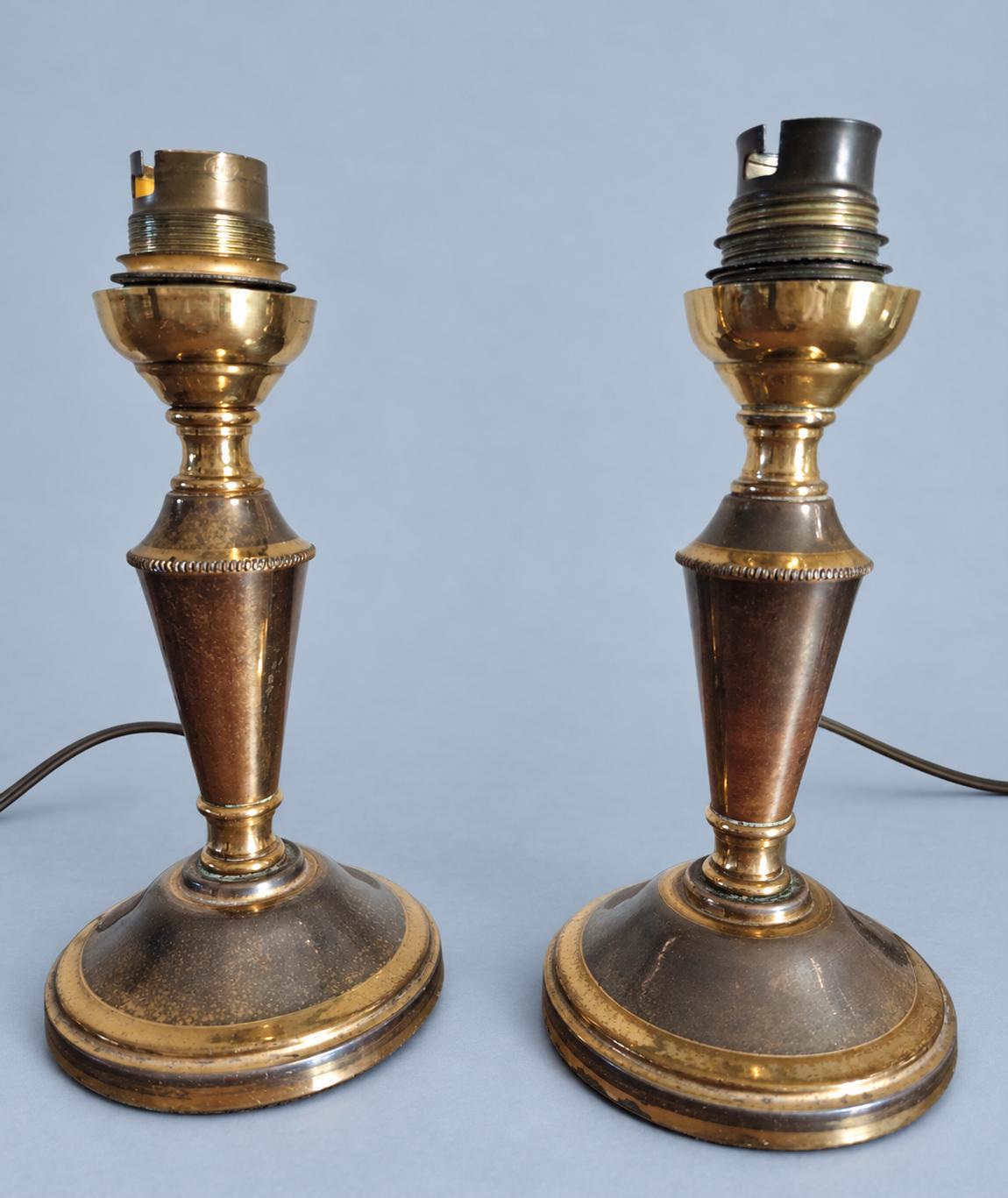 Vintage Pair of Small Brass Candlestick Table Lamps, Attributed 1930s–50s, Two-Tone Gold and Brown Patina, Sold Without Shades, 17 cm