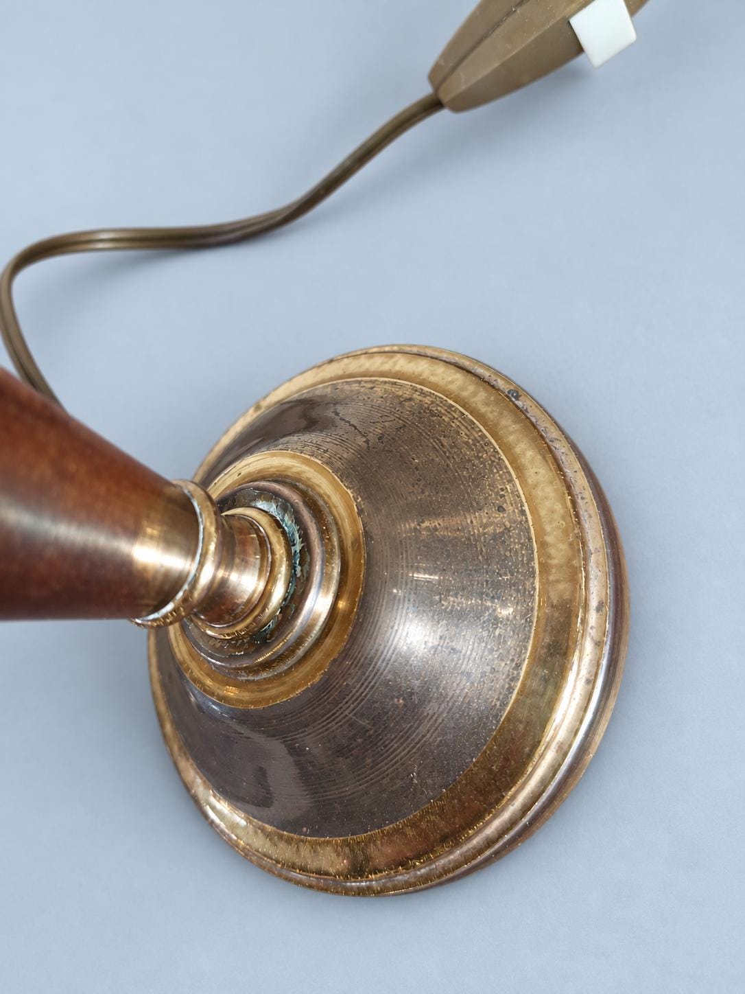 Vintage Pair of Small Brass Candlestick Table Lamps, Attributed 1930s–50s, Two-Tone Gold and Brown Patina, Sold Without Shades, 17 cm