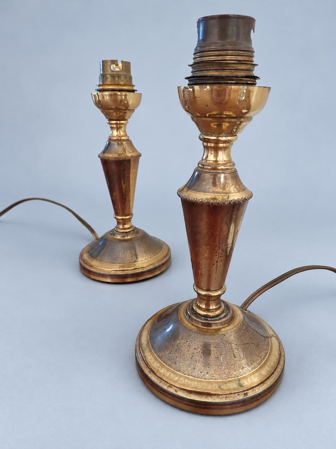 Vintage Pair of Small Brass Candlestick Table Lamps, Attributed 1930s–50s, Two-Tone Gold and Brown Patina, Sold Without Shades, 17 cm