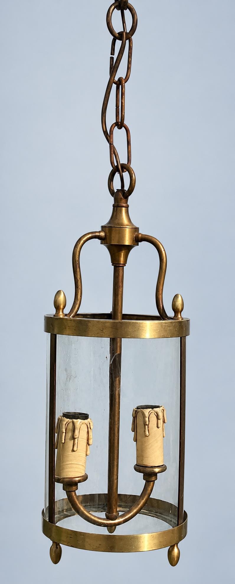 Vintage Round Brass Hall Lantern with Curved Glass, Acorn Finials and Bun Feet, Two Lights, 65 cm