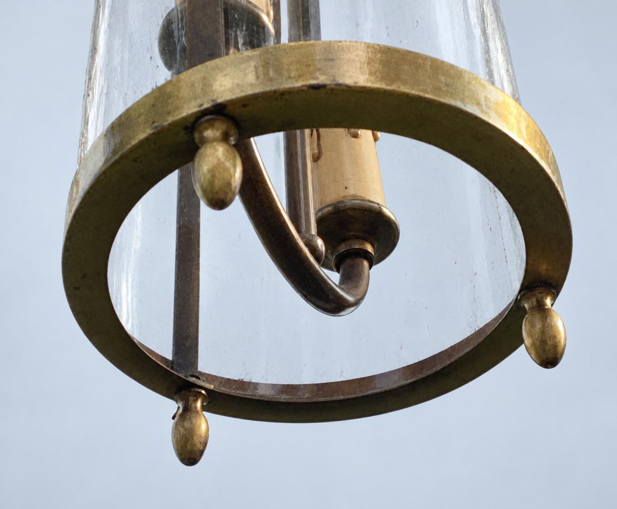 Vintage Round Brass Hall Lantern with Curved Glass, Acorn Finials and Bun Feet, Two Lights, 65 cm