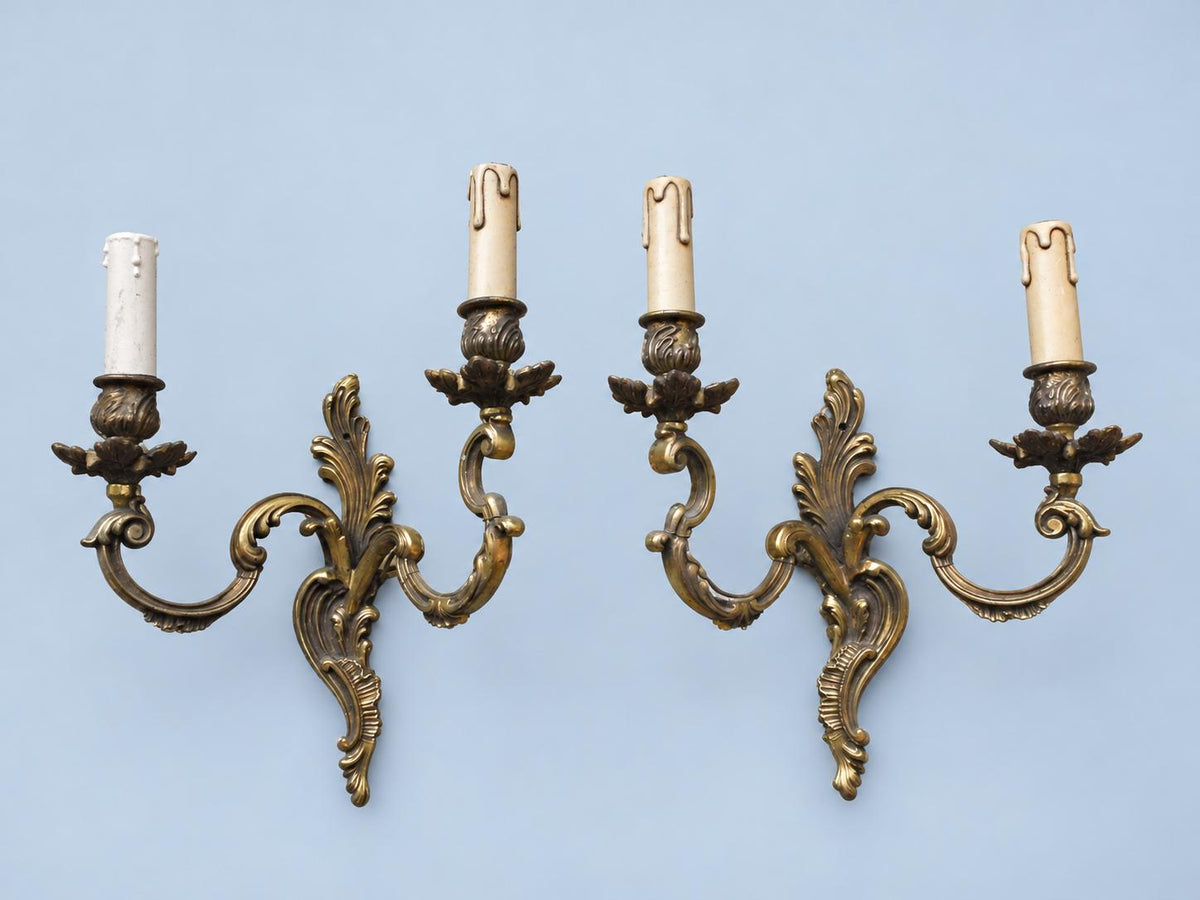Vintage Pair of Louis XV Style Wall Sconces, Attributed Late 19th–Early 20th Century, Gilt Metal Acanthus Crest, Two Lights Each, 36 cm