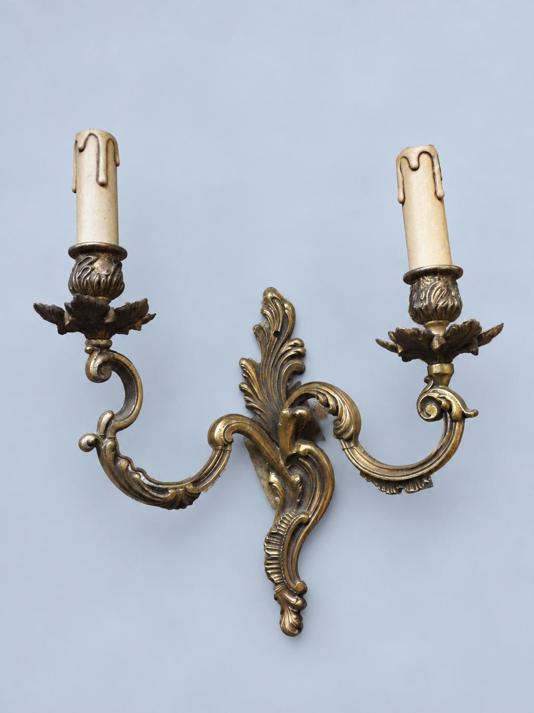 Vintage Pair of Louis XV Style Wall Sconces, Attributed Late 19th–Early 20th Century, Gilt Metal Acanthus Crest, Two Lights Each, 36 cm