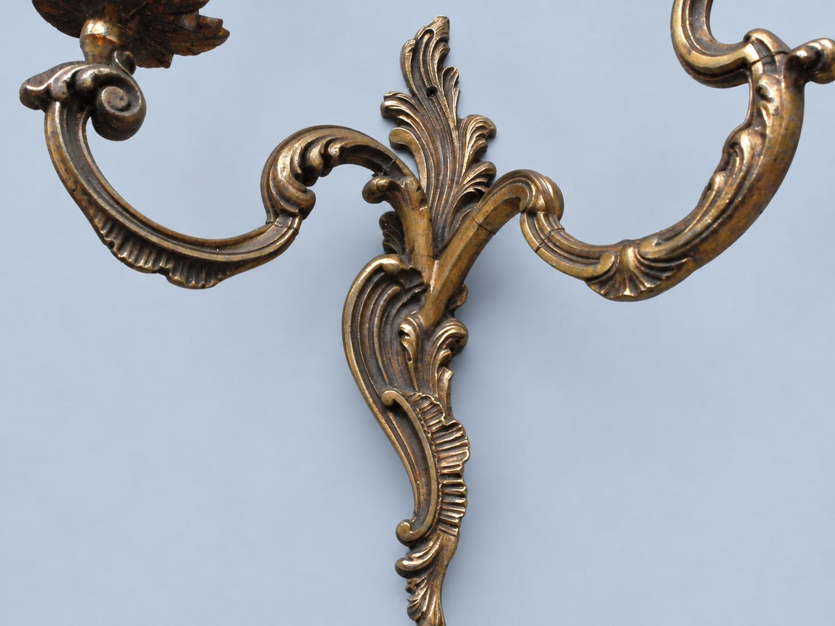 Vintage Pair of Louis XV Style Wall Sconces, Attributed Late 19th–Early 20th Century, Gilt Metal Acanthus Crest, Two Lights Each, 36 cm