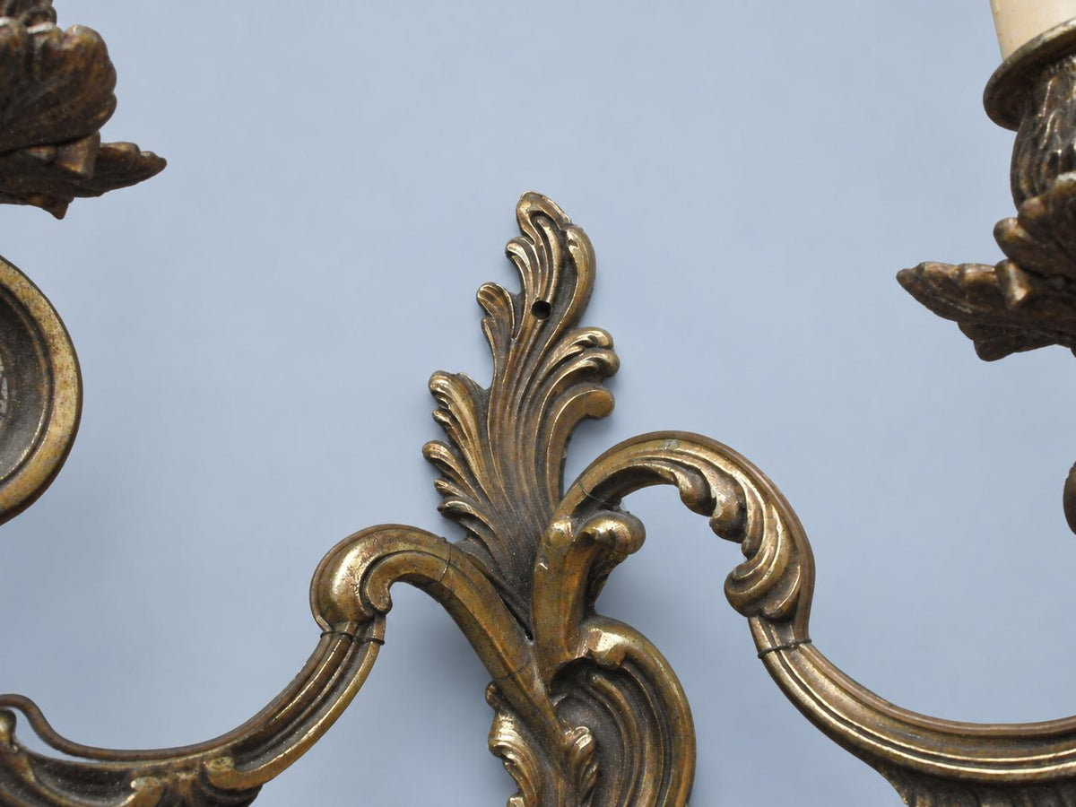 Vintage Pair of Louis XV Style Wall Sconces, Attributed Late 19th–Early 20th Century, Gilt Metal Acanthus Crest, Two Lights Each, 36 cm