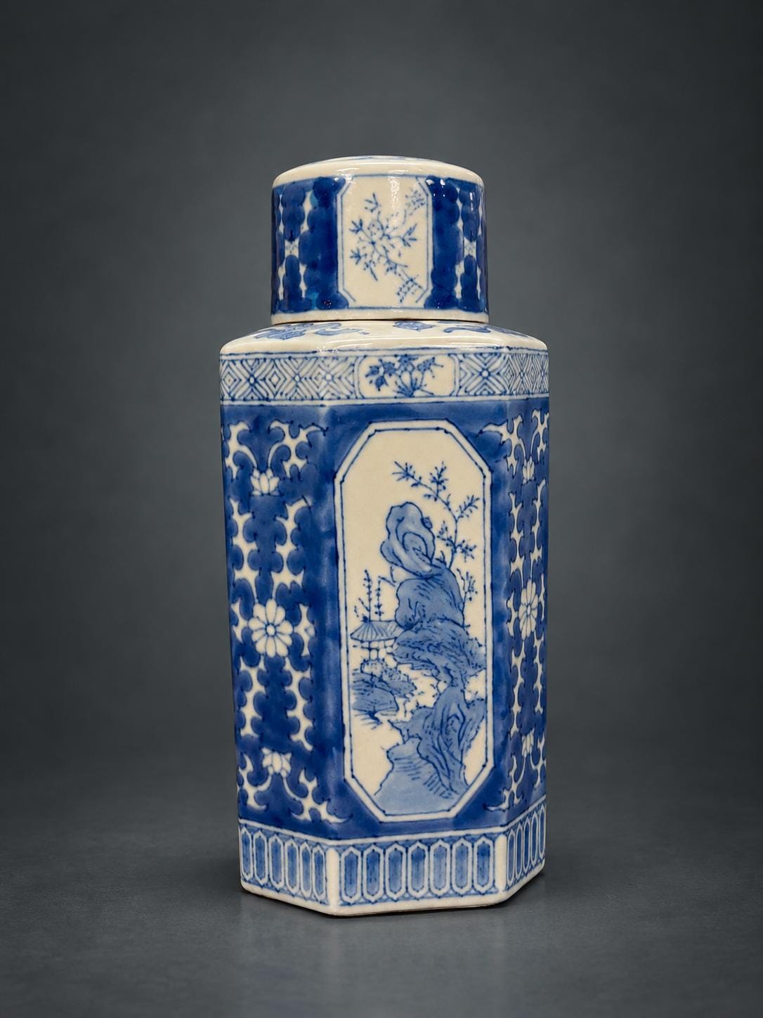 Blue and White Hexagonal Tea Caddy with Cover, Landscape and Bird Panels, Chinese Style, 23.5 cm