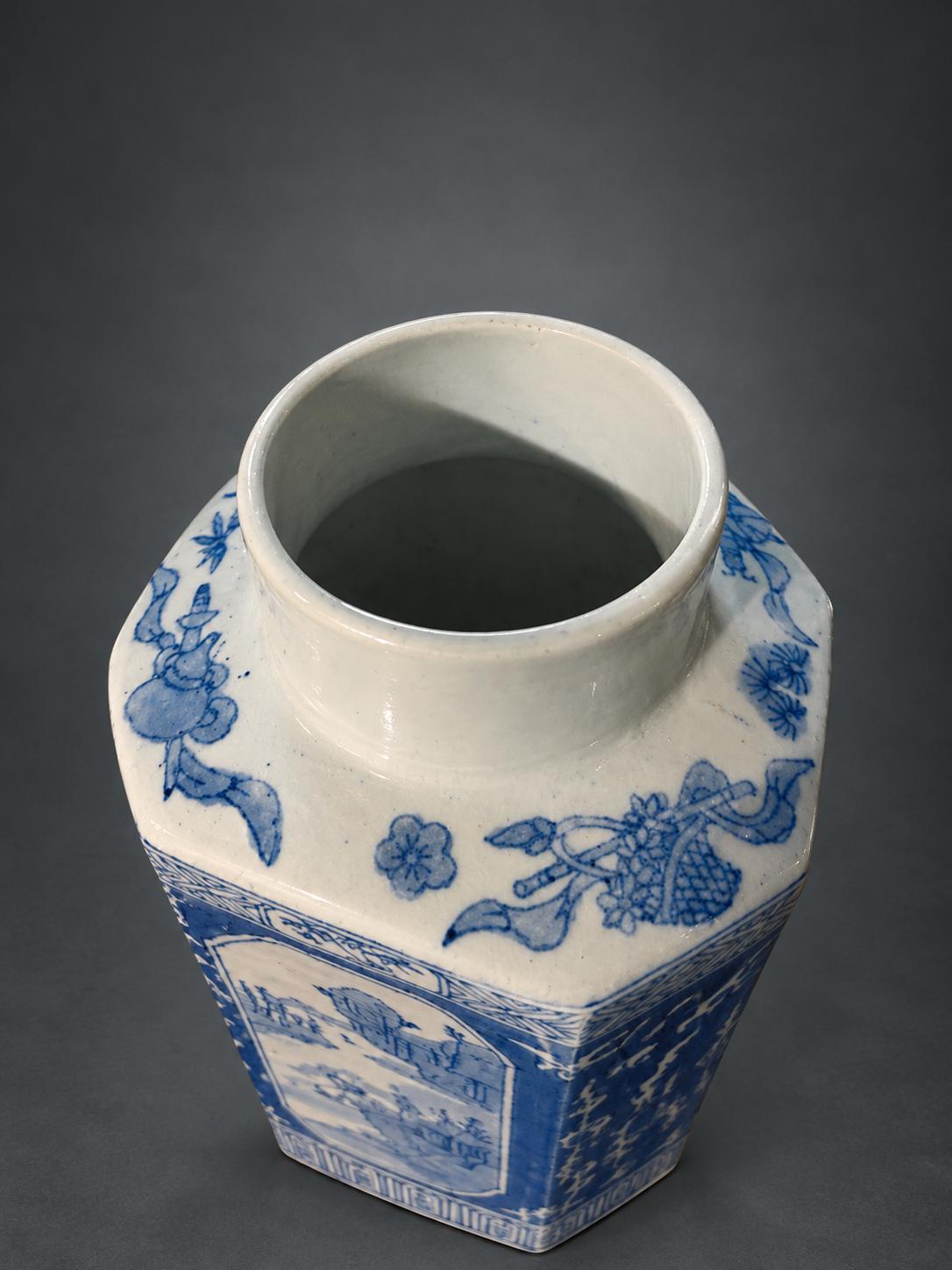 Blue and White Hexagonal Tea Caddy with Cover, Landscape and Bird Panels, Chinese Style, 23.5 cm