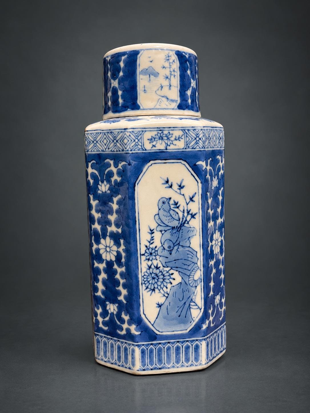 Blue and White Hexagonal Tea Caddy with Cover, Landscape and Bird Panels, Chinese Style, 23.5 cm