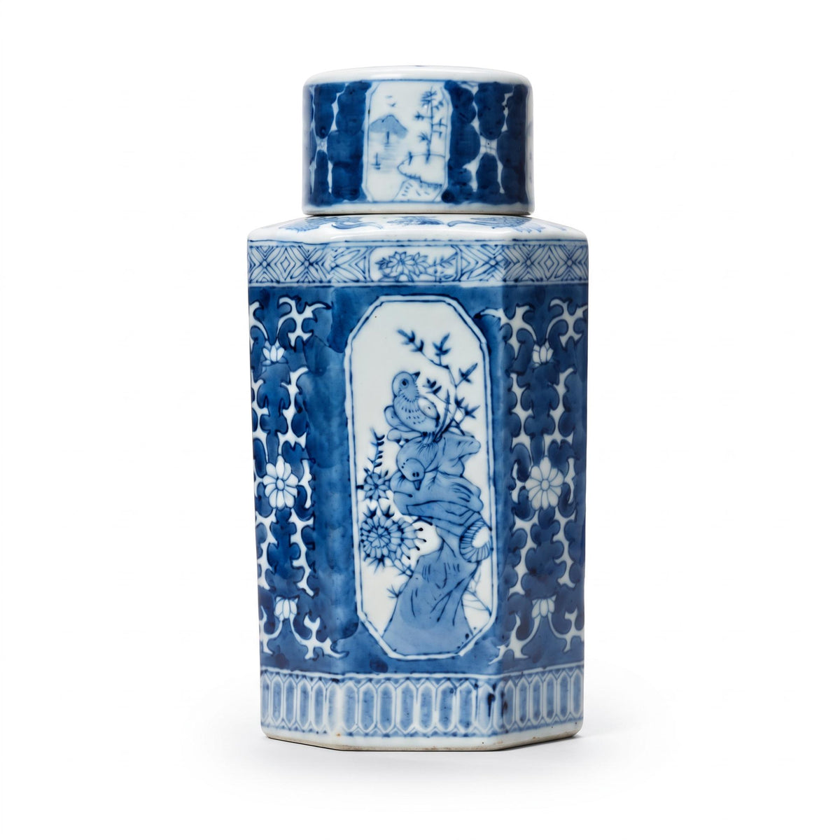 Blue and White Hexagonal Tea Caddy with Cover, Landscape and Bird Panels, Chinese Style, 23.5 cm