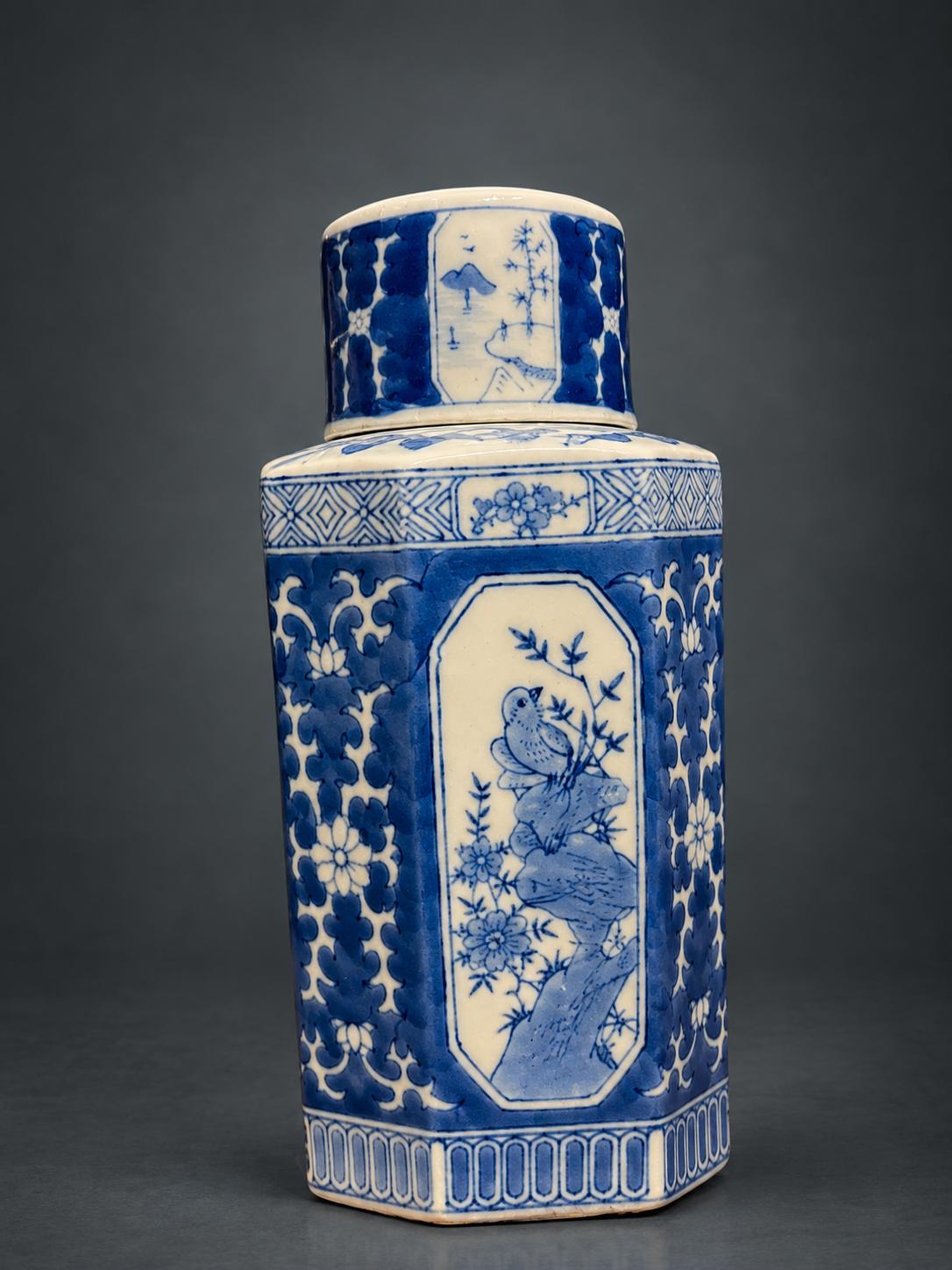 Blue and White Hexagonal Tea Caddy with Cover, Landscape and Bird Panels, Chinese Style, 23.5 cm