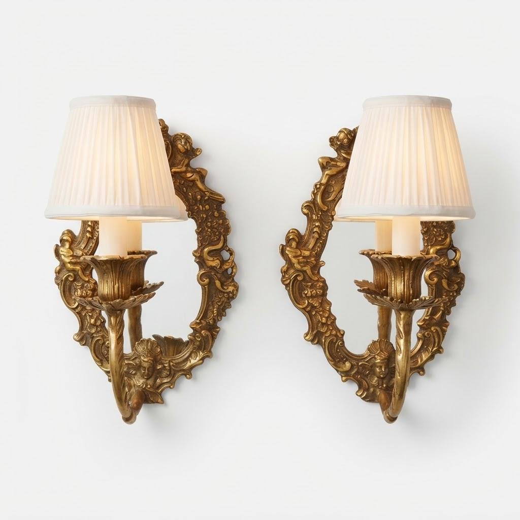 Vintage Pair of Rococo Style Mirror Candle Sconces with Putti, Attributed 19th Century, Patinated Metal, 21 cm