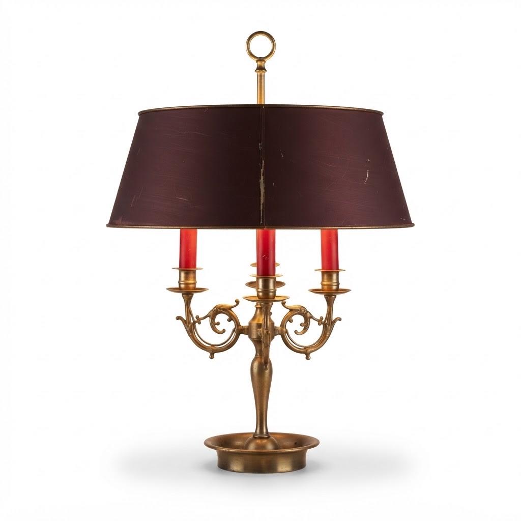 Vintage French Bouillotte Lamp, Three Lights, Burgundy Tole Shade, Dolphin Arms and Ring Finial