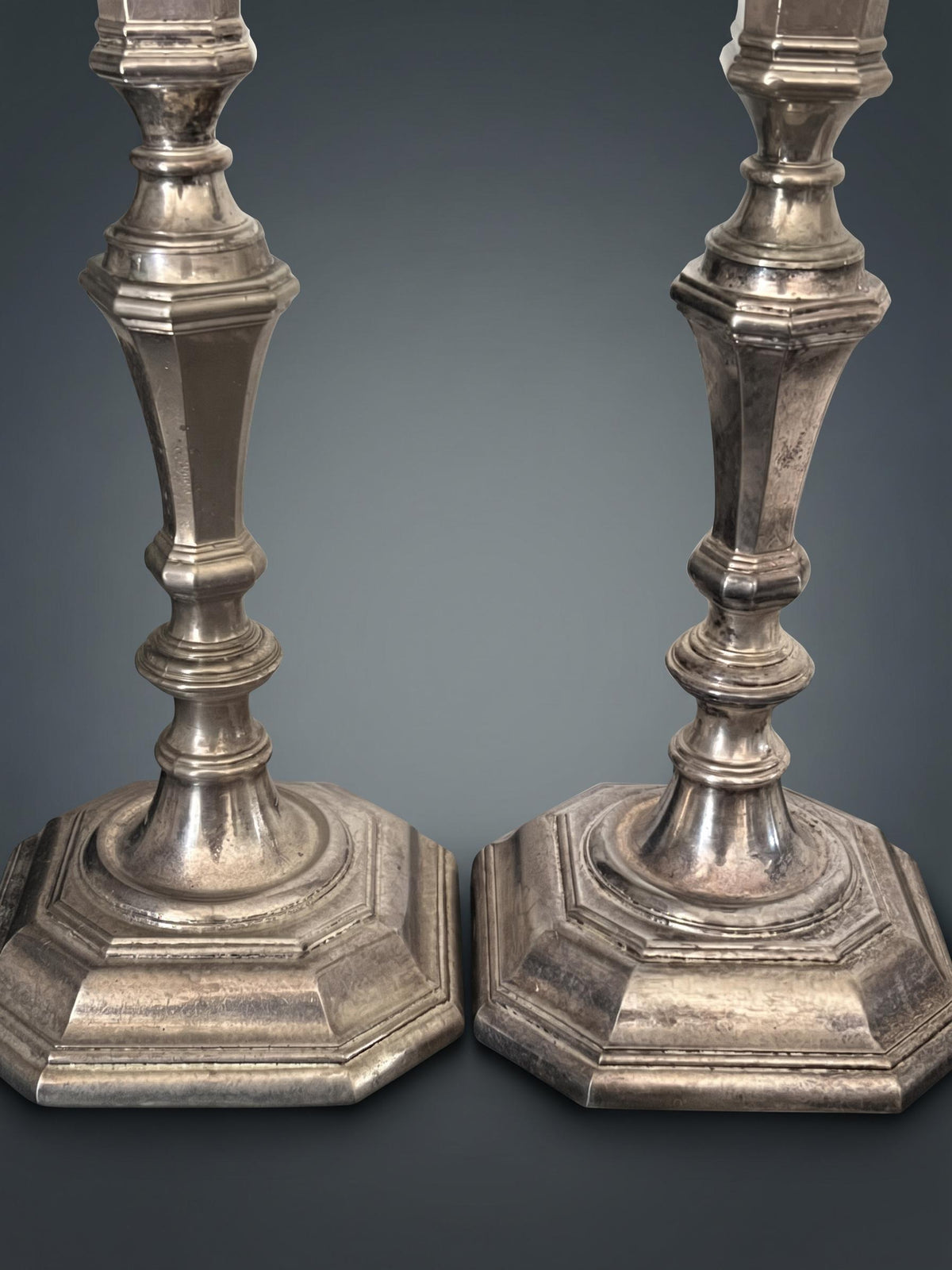 Pair of Louis XIV Style Octagonal Candlesticks, Silver-Tone Metal, Faceted Baluster Stems and Stepped Bases