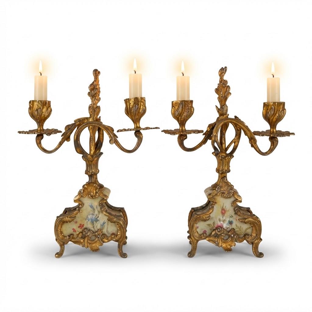 Vintage Pair of Rococo Two-Light Candelabra, Gilt Metal Scrolls on Hand-Painted Floral Bases, Attributed 19th Century, 23.5 cm