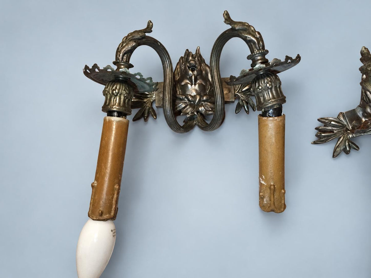 Vintage Pair of Wall Sconces with Bearded Bacchus-Style Masks, Patinated Metal with Leafy Arms, Two Lights Each