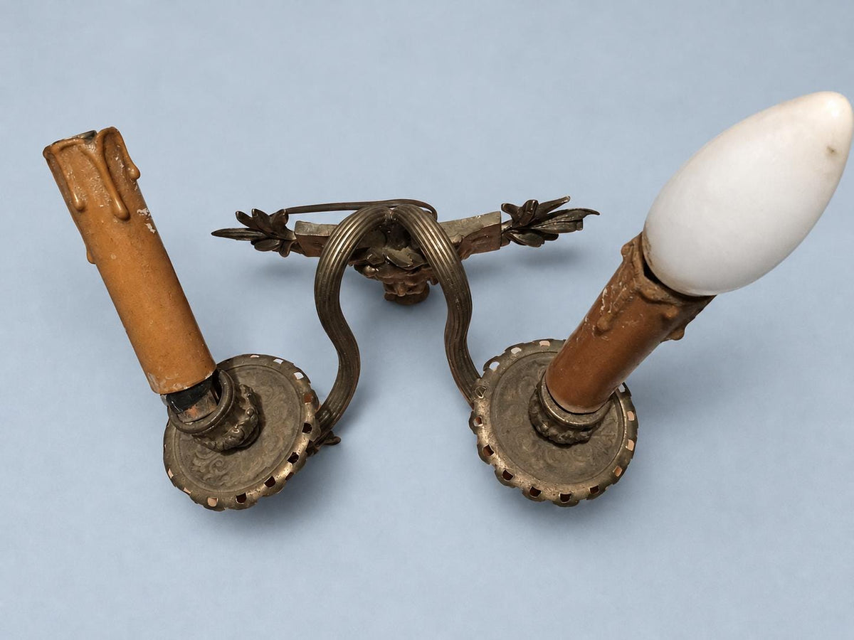 Vintage Pair of Wall Sconces with Bearded Bacchus-Style Masks, Patinated Metal with Leafy Arms, Two Lights Each