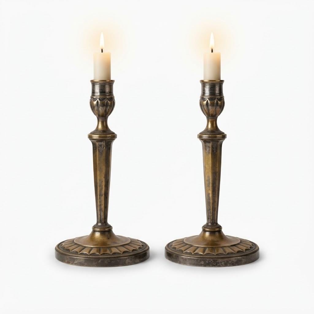 Vintage Pair of Empire Style Candlesticks, Attributed 19th Century, Patinated Metal with Traces of Silvering, Tapered Columns, 21.6 cm