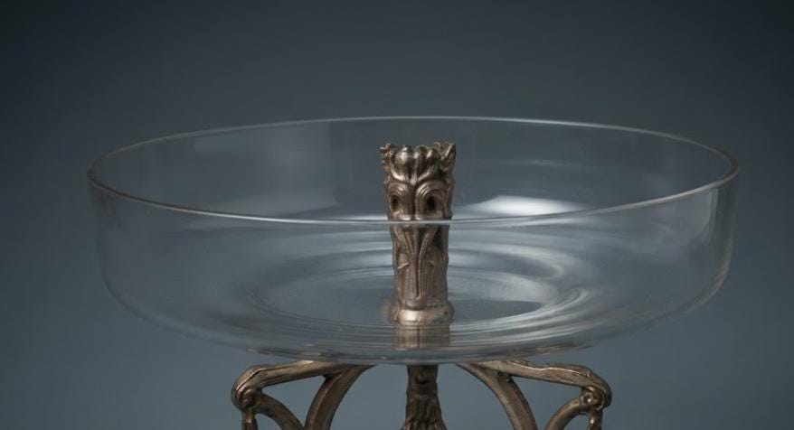 Louis XVI Style Glass Fruit Bowl Centrepiece on Champagne-Tone Metal Stand, Laurel Garlands and Ribbons