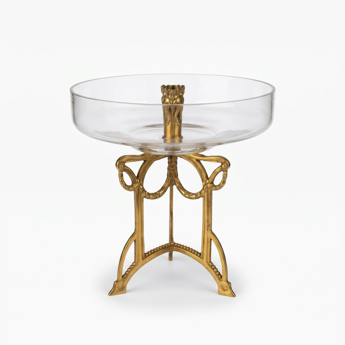 Louis XVI Style Glass Fruit Bowl Centrepiece on Champagne-Tone Metal Stand, Laurel Garlands and Ribbons