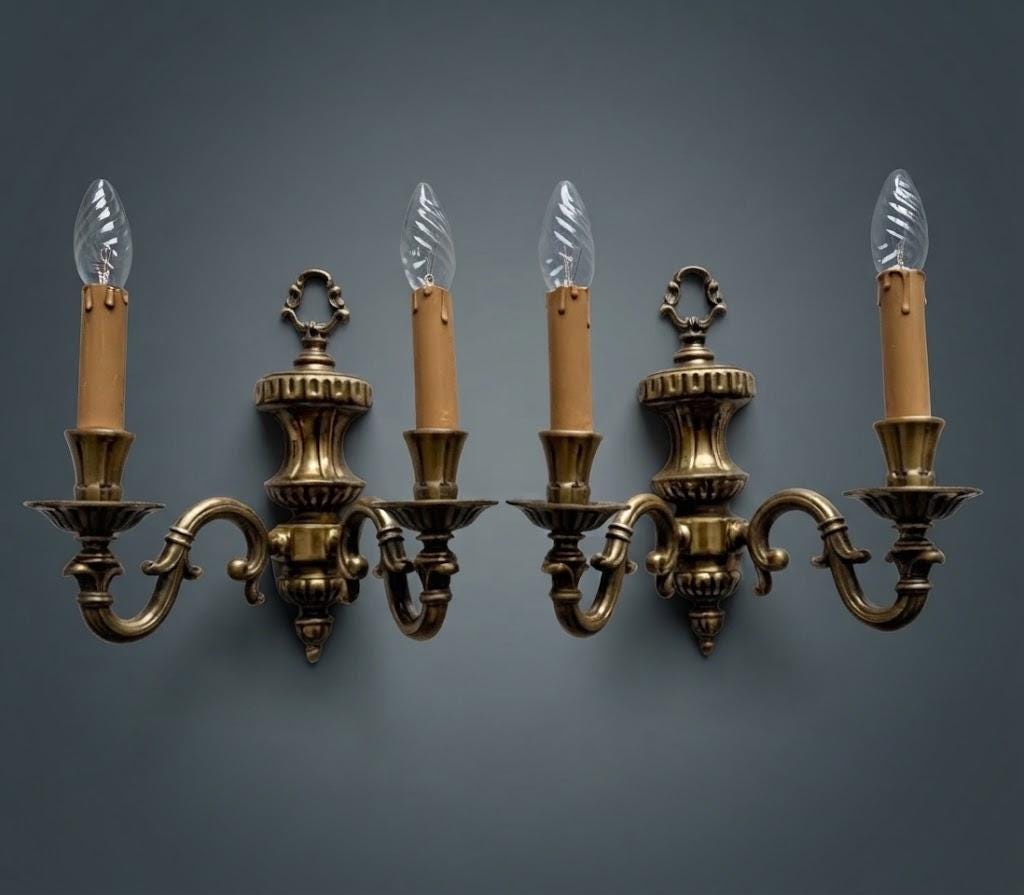 Pair of French Vintage Style Two-Arm Wall Sconces, Bronze-Tone Metal Urn Bodies with Scrolled Arms and Candle Sleeves