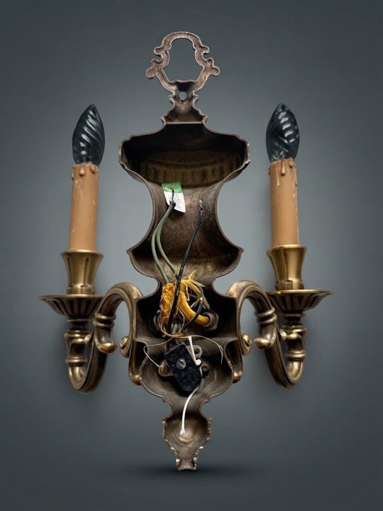 Pair of French Vintage Style Two-Arm Wall Sconces, Bronze-Tone Metal Urn Bodies with Scrolled Arms and Candle Sleeves