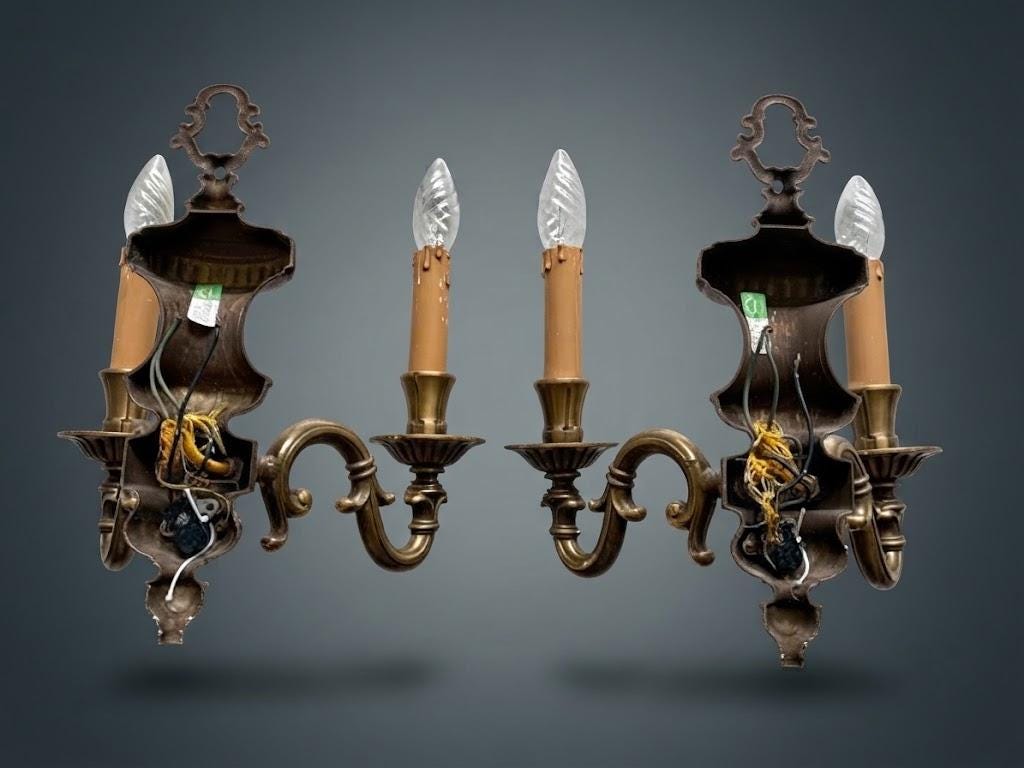 Pair of French Vintage Style Two-Arm Wall Sconces, Bronze-Tone Metal Urn Bodies with Scrolled Arms and Candle Sleeves