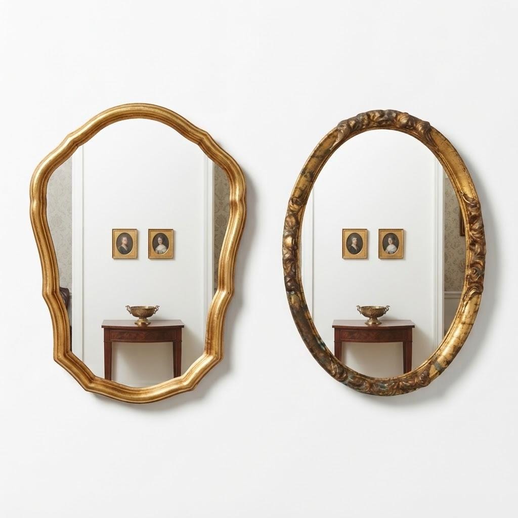 Two Vintage Louis XV Style Giltwood Mirrors, Shaped Frame and Oval Frame with Roses, 39 × 28 cm and 31 × 22 cm