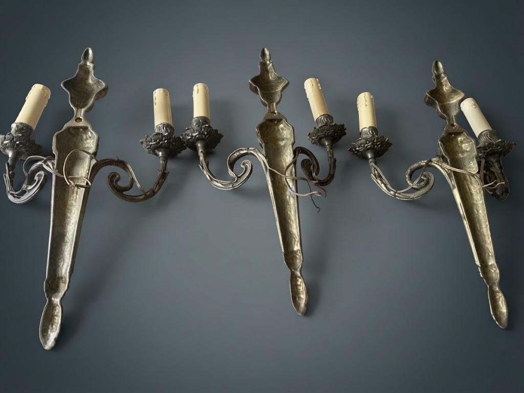 Set of Three Louis XVI Style Two-Arm Wall Sconces, Quiver Backplates with Ribbons, Leaf Cups and Pine Cone Drops