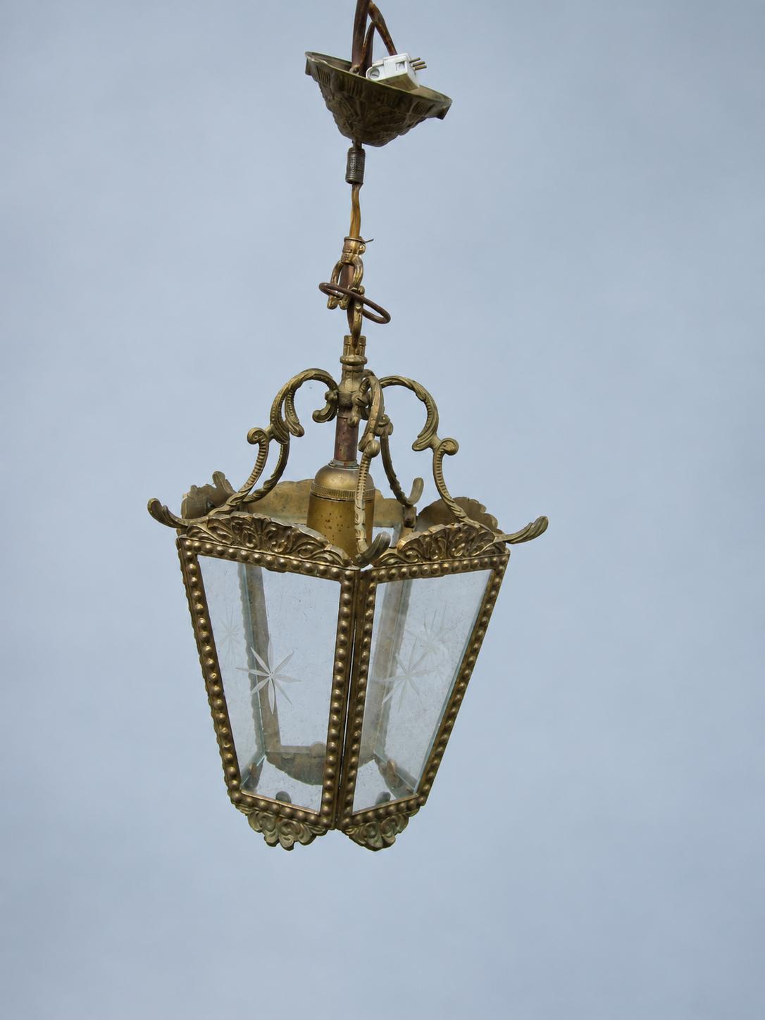 Vintage Five-Sided Hall Lantern, Star-Etched Glass, Beaded Brass-Tone Frame and Scroll Crown, Restoration Project