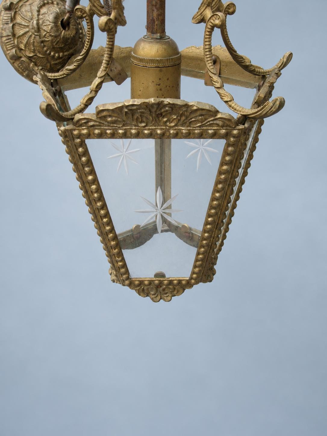 Vintage Five-Sided Hall Lantern, Star-Etched Glass, Beaded Brass-Tone Frame and Scroll Crown, Restoration Project