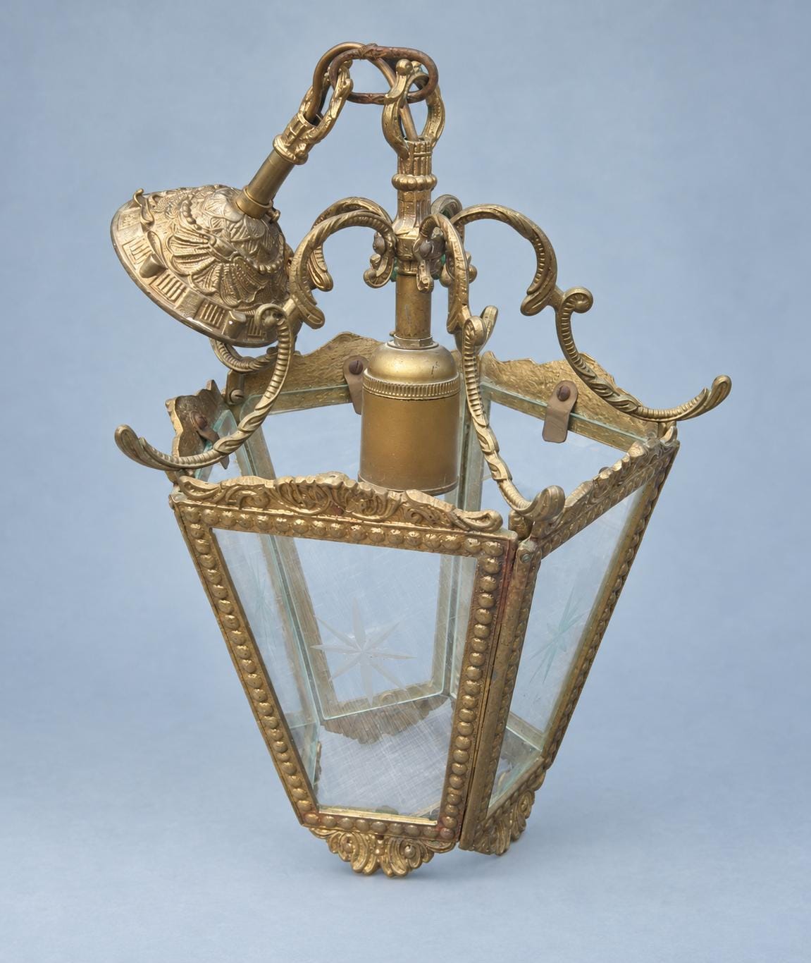 Vintage Five-Sided Hall Lantern, Star-Etched Glass, Beaded Brass-Tone Frame and Scroll Crown, Restoration Project