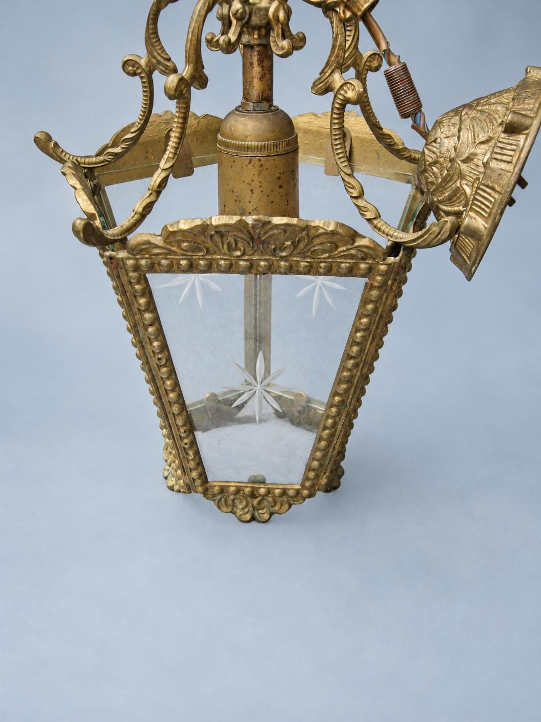 Vintage Five-Sided Hall Lantern, Star-Etched Glass, Beaded Brass-Tone Frame and Scroll Crown, Restoration Project