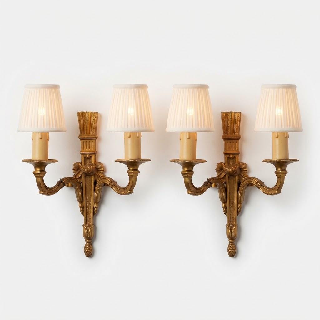 Pair of Small Louis XVI Style Two-Arm Wall Sconces, Bronze-Tone Quiver Backplates with Arrows, Ribbons and Pine Cone Drops